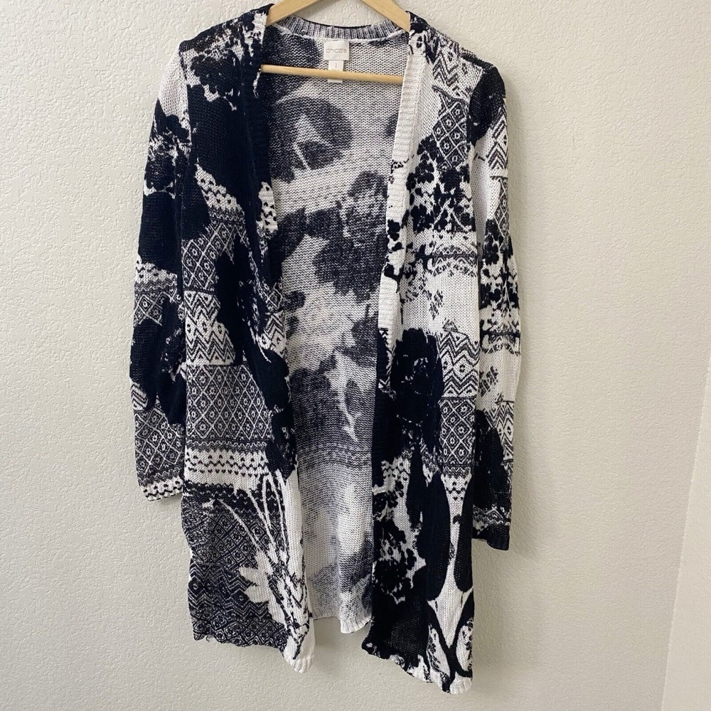 Chicos Linen Blend Sweater Cardigan 1 or Medium Black White Open Front